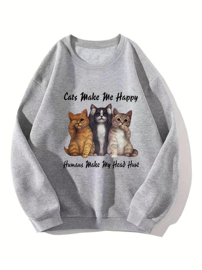 ESC BUTİK Cute Cat Baskılı Gri Unisex Oversize Bisiklet Yaka Sweatshirt