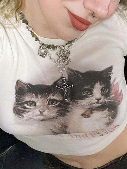 ESC BUTİK Cute Kitten Ribbed Baskılı Beyaz Crop