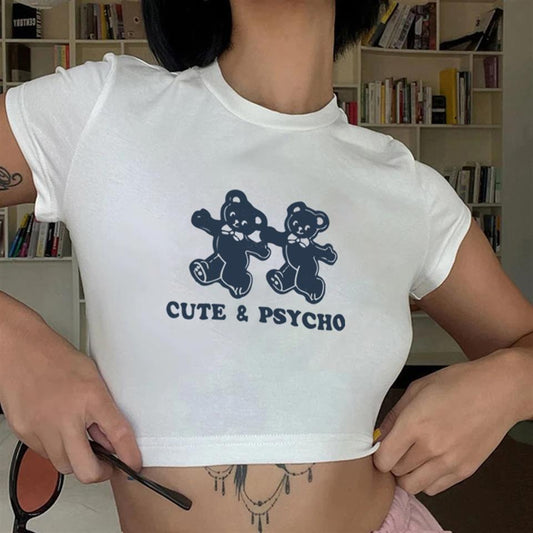 ESC BUTİK Cute & Psycho Bears Baskılı Beyaz Crop