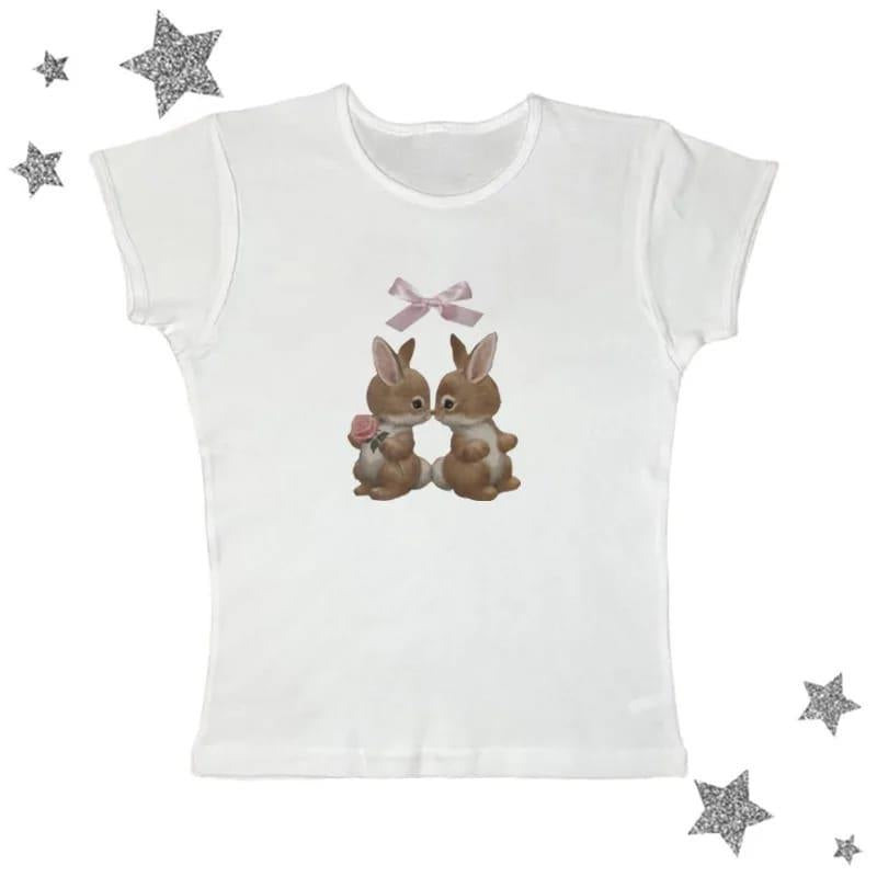 ESC BUTİK Cute Rabbit Baskılı Crop Bluz