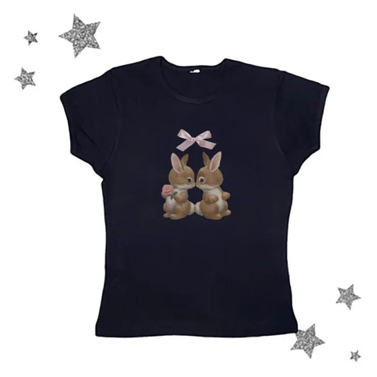 ESC BUTİK Cute Rabbit Baskılı Crop Bluz