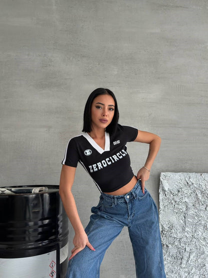 Zerocircle Y2K Baskılı  Baskılı V Yaka  Siyah Crop T-Shirt