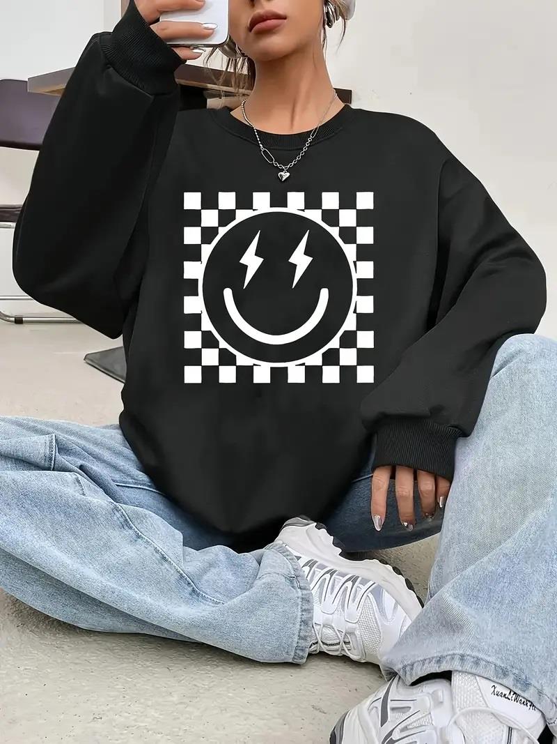 ESC BUTİK Dama Desen Smile Baskılı Siyah Unisex Oversize Bisiklet Yaka Sweatshirt