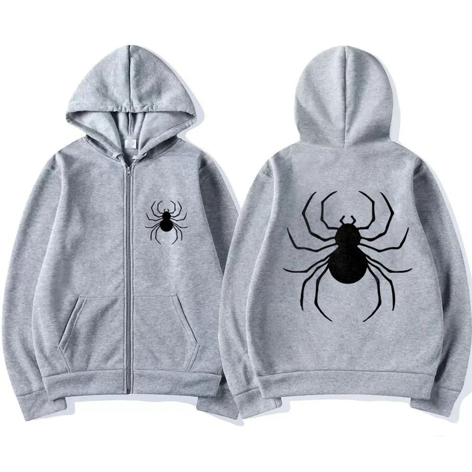 ESC BUTİK Dangerous Spider Ön-Arka Baskılı Oversize Fermuarlı Gri Unisex Kapüşonlu Hırka