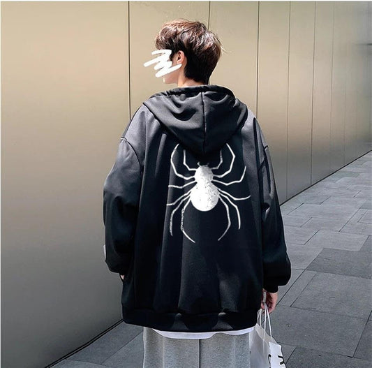 ESC BUTİK Dangerous Spider Ön-Arka Baskılı Oversize Fermuarlı Siyah Unisex Kapüşonlu Hırka