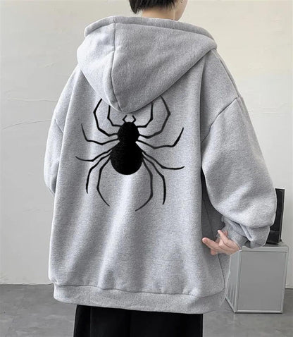 ESC BUTİK Dangerous Spider Ön-Arka Baskılı Oversize Fermuarlı Gri Unisex Kapüşonlu Hırka