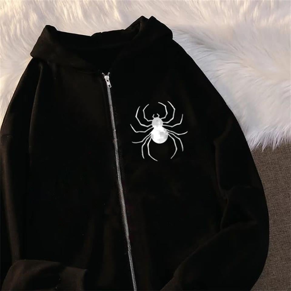 ESC BUTİK Dangerous Spider Ön-Arka Baskılı Oversize Fermuarlı Siyah Unisex Kapüşonlu Hırka