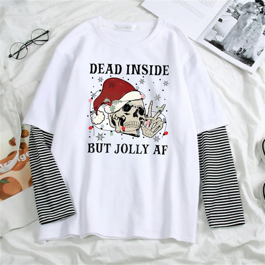 ESC BUTİK Dead Insıde Christmas Baskılı Fake Sleeves Unisex Beyaz T-shirt