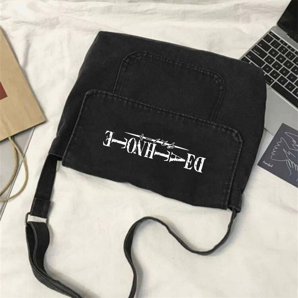 ESC BUTİK Death Note Baskılı Vintage Unisex Gri Kot Postacı Çantası