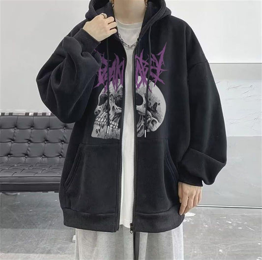 ESC BUTİK Deathless Skull Baskılı Oversize Fermuarlı Siyah Unisex Kapüşonlu Hırka