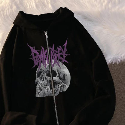 ESC BUTİK Deathless Skull Baskılı Oversize Fermuarlı Siyah Unisex Kapüşonlu Hırka