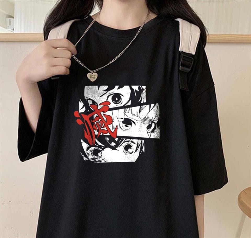 ESC BUTİK Demon Slayer Eyes Baskılı Siyah Unisex Oversize T-shirt