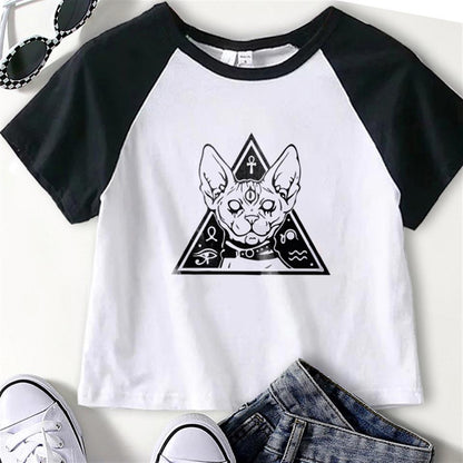 ESC BUTİK Demonic Cat Baskılı Reglan Kol Beyaz Crop