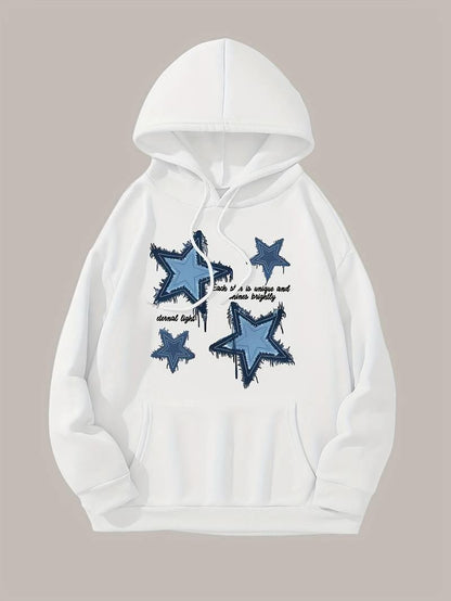 ESC BUTİK Denim Star Baskılı Kapşonlu Beyaz Sweatshirt