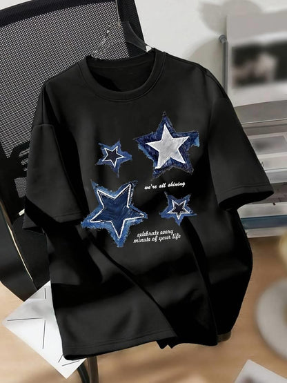 ESC BUTİK Denim Star Baskılı Oversize T-shirt