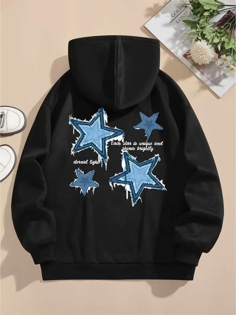 ESC BUTİK Denin Star Baskılı Siyah Kapşonlu Sweatshirt