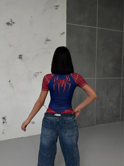 ESC BUTİK Dijital Baskılı Kısa Kollu  Spider Çıtçıtlı Crop Bluz