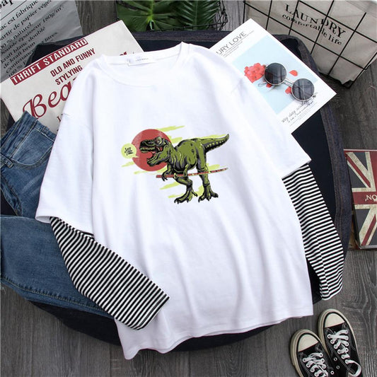 ESC BUTİK Dinosaur Baskılı Fake Sleeves Unisex Beyaz T-shirt