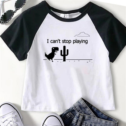 ESC BUTİK Dinosaur Game Baskılı Reglan Kol Beyaz Crop