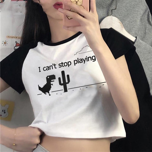 ESC BUTİK Dinosaur Game Baskılı Reglan Kol Beyaz Crop