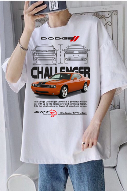 ESC BUTİK Dodge Challenger Baskılı Beyaz T-shirt