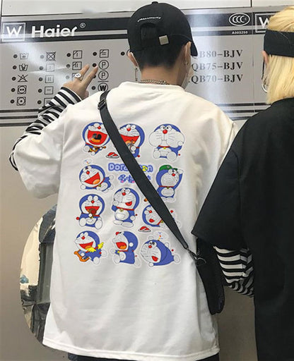 ESC BUTİK Doraemon Collage Baskılı Fake Sleeves Unisex Beyaz T-shirt