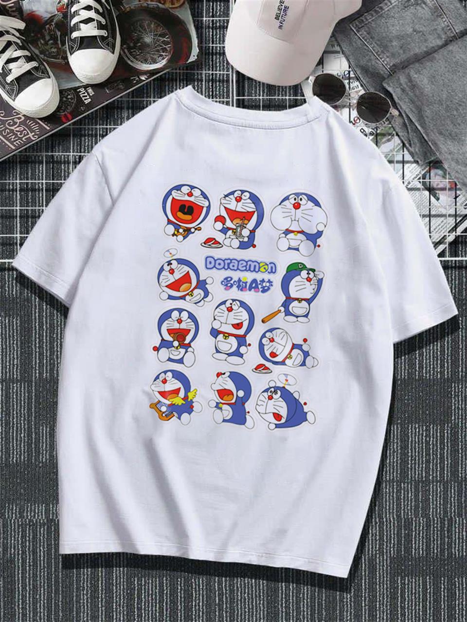 ESC BUTİK Doraemon Collage Sırt Baskılı Beyaz Unisex Oversize T-shirt