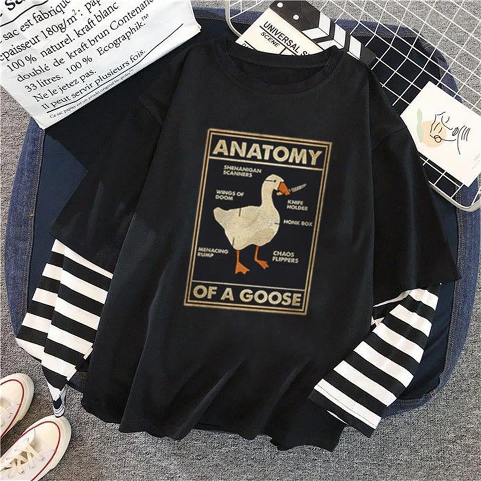 ESC BUTİK Duck Anatomy Baskılı Fake Sleeves Unisex Siyah T-shirt