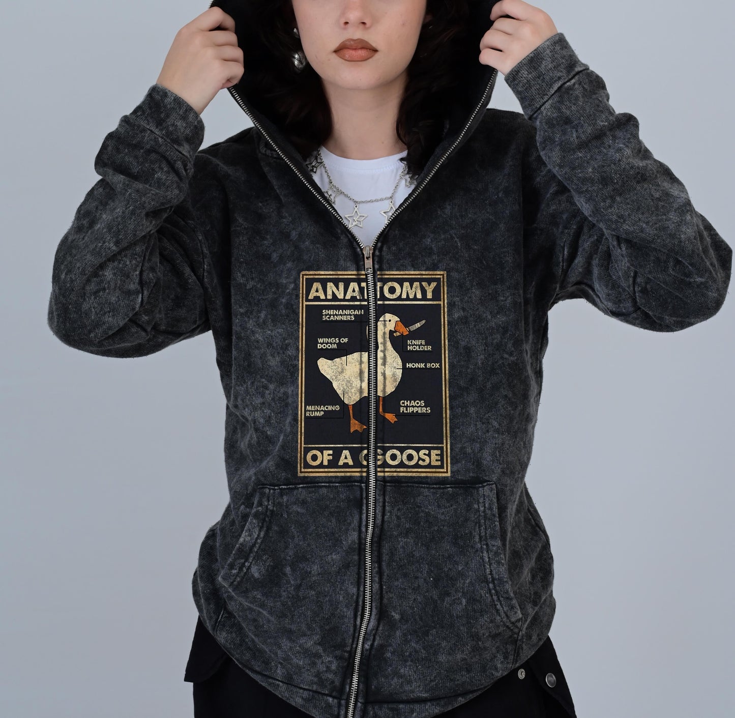 ESC BUTİK Duck Anatomy Baskılı Vintage Yıkamalı Full Zip Detail Unisex Oversize Kapüşonlu Hırka