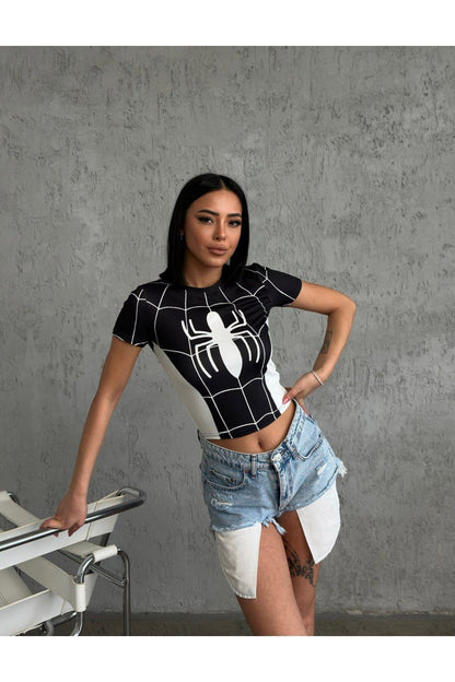 Y2K Vintage Siyah Spider Crop T-Shirt