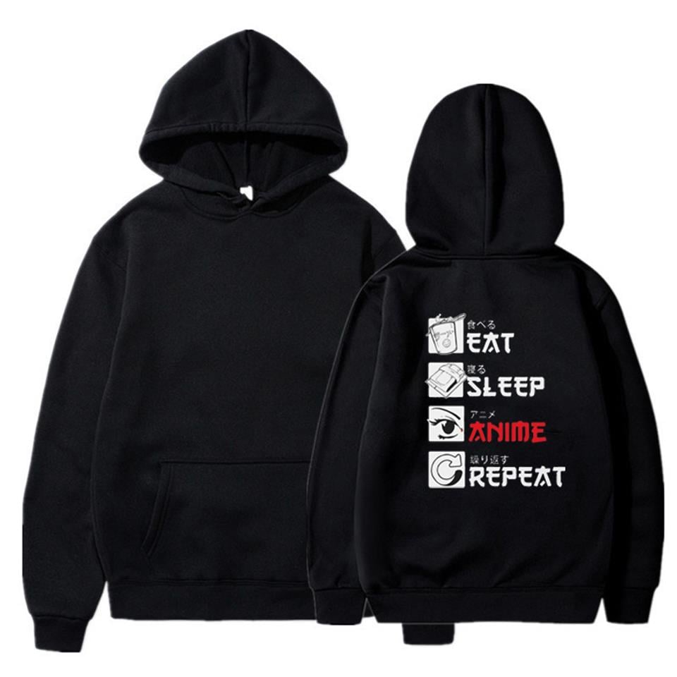 ESC BUTİK Eat Sleep Anime Repeat Sırt Baskılı Siyah Unisex Oversize Kapüşonlu Sweatshirt