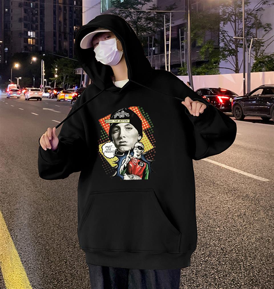 ESC BUTİK Eminem Ready For Action Baskılı Siyah Unisex Oversize Kapüşonlu Sweatshirt