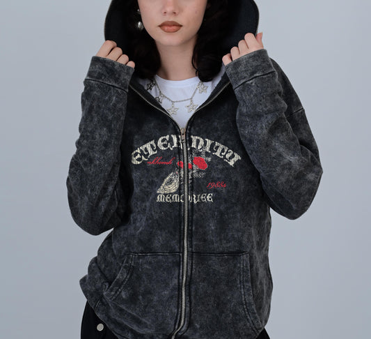 ESC BUTİK Eternity Baskılı Vintage Yıkamalı Full Zip Detail Unisex Oversize Kapüşonlu Hırka