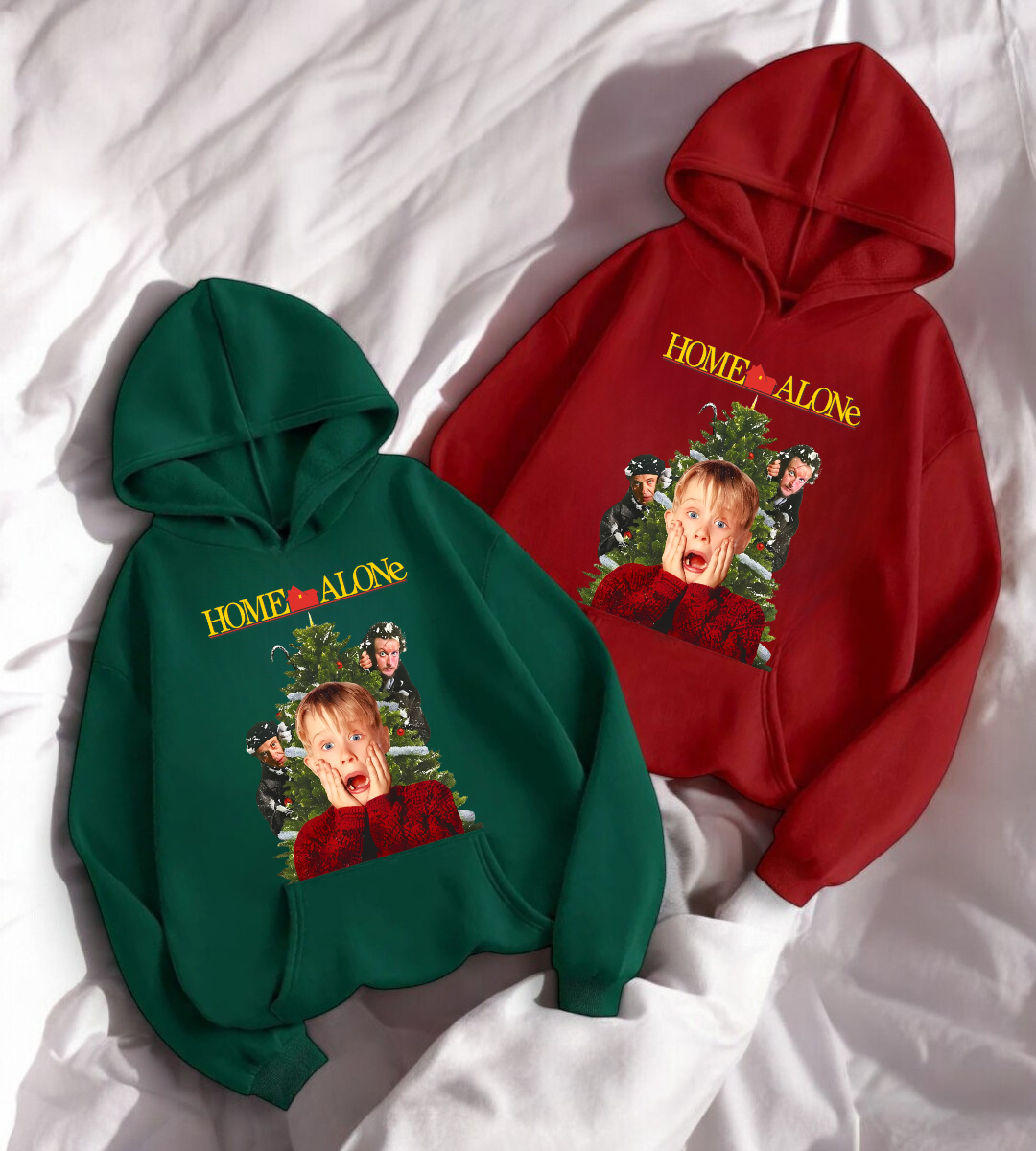 ESC BUTİK Evde Tek Başına Çift Merry Christmas Baskılı Kapşonlu Sweatshirt