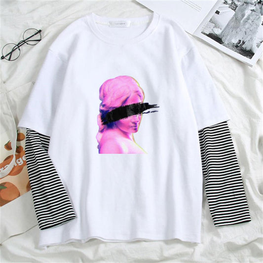 ESC BUTİK Eyeless Art Baskılı Fake Sleeves Unisex Beyaz T-shirt