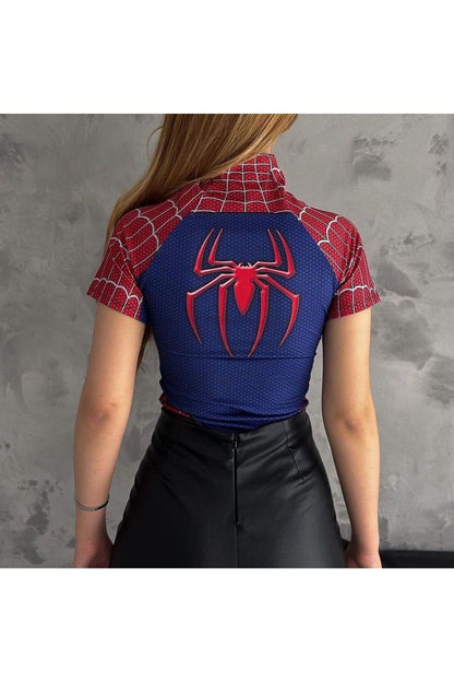 Vintage Spiderman Likralı Slim Bodysuit Kırmızı Kadın Bluz