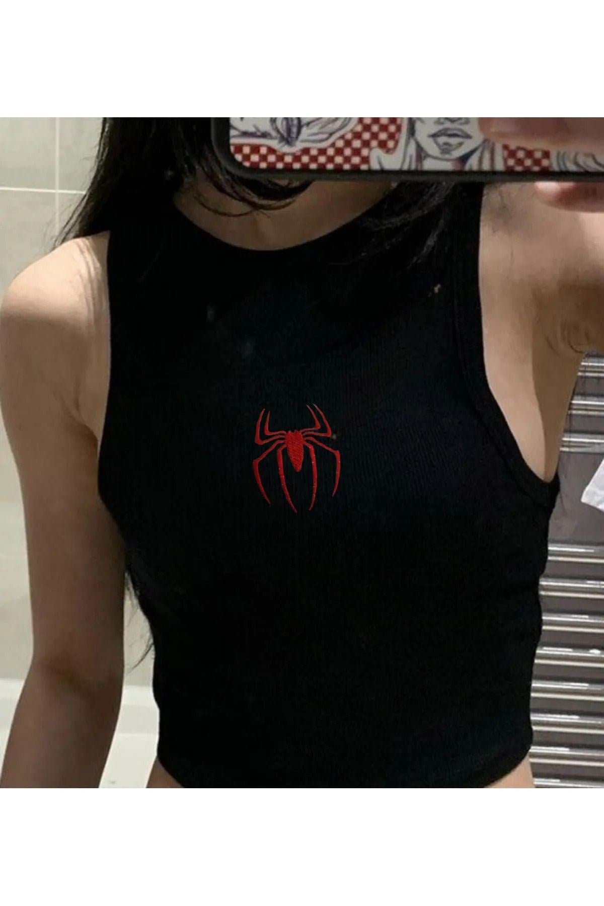 Black Y2k Spider Nakışlı Beyaz Halter Yaka Kaşkorse Crop Top