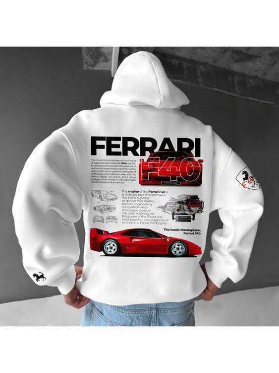 ESC BUTİK Ferrari Baskılı Beyaz Kapşonlu Sweatshirt