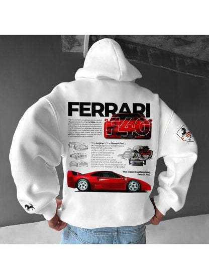 ESC BUTİK Ferrari Baskılı Beyaz Kapşonlu Sweatshirt