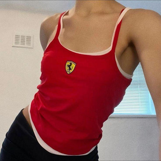 ESC BUTİK Ferrari Logo Nakış İşleme Askılı Crop Bluz