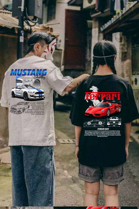 ESC BUTİK Ferrari & Mustang Retro Baskılı T-shirt