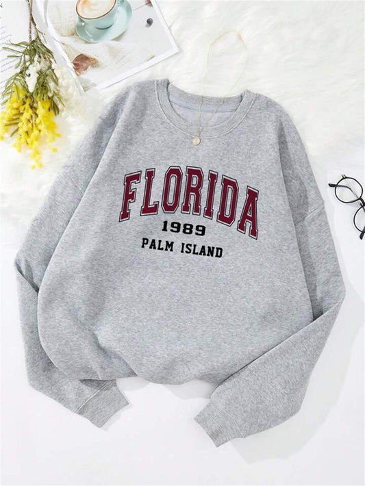 ESC BUTİK Florida Baskılı Gri Unisex Oversize Bisiklet Yaka Sweatshirt