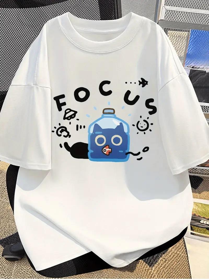 ESC BUTİK Focus Cat Baskılı Beyaz T-shirt