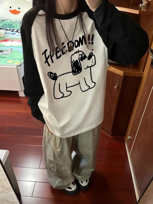 ESC BUTİK Freedom Dog Reglan Uzun Kollu Baskılı Beyaz T-Shirt