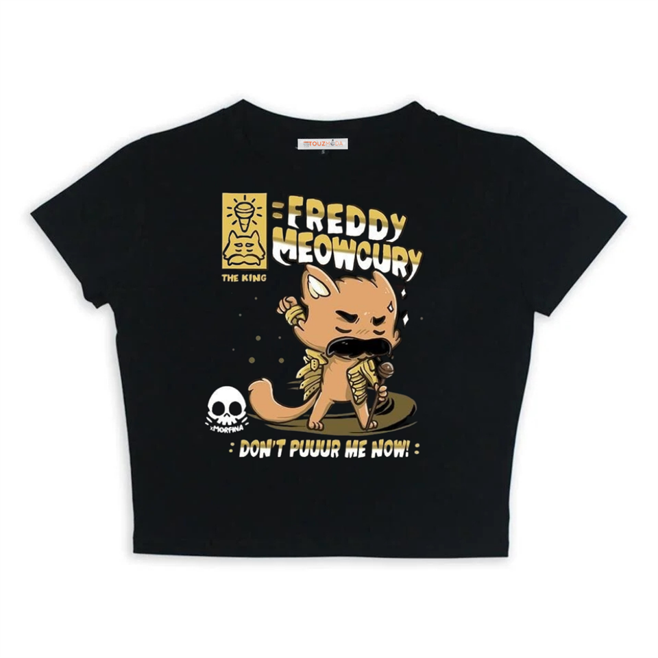 ESC BUTİK Freeddy Meowcury Baskılı Siyah Crop