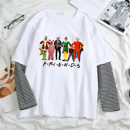 ESC BUTİK Friends Christmas Baskılı Fake Sleeves Unisex Beyaz T-shirt