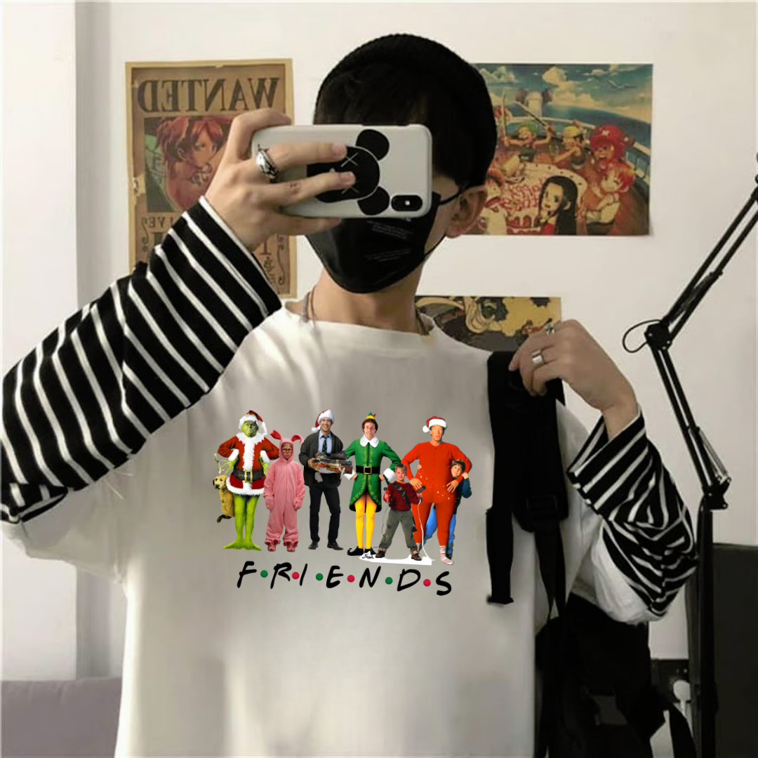 ESC BUTİK Friends Christmas Baskılı Fake Sleeves Unisex Beyaz T-shirt