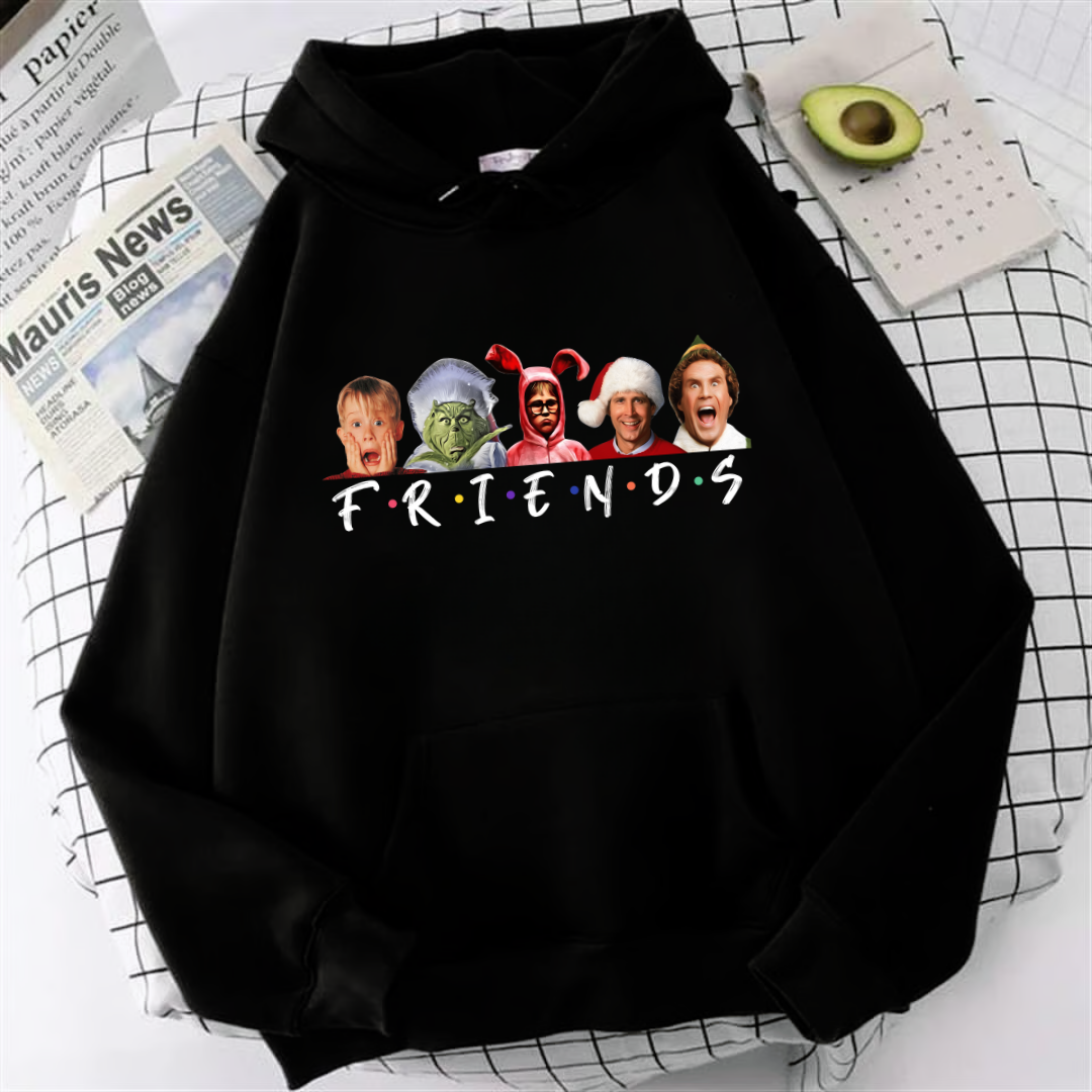 ESC BUTİK Friends Christmas Baskılı Siyah Unisex Oversize Kapüşonlu Sweatshirt