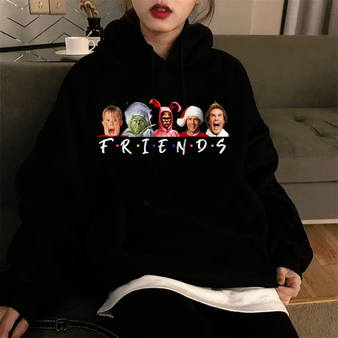 ESC BUTİK Friends Christmas Baskılı Siyah Unisex Oversize Kapüşonlu Sweatshirt