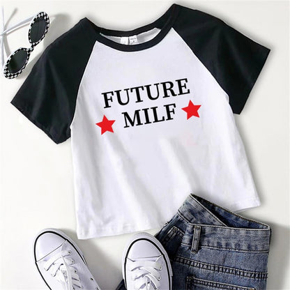 ESC BUTİK Future Milf Baskılı Reglan Kol Beyaz Crop